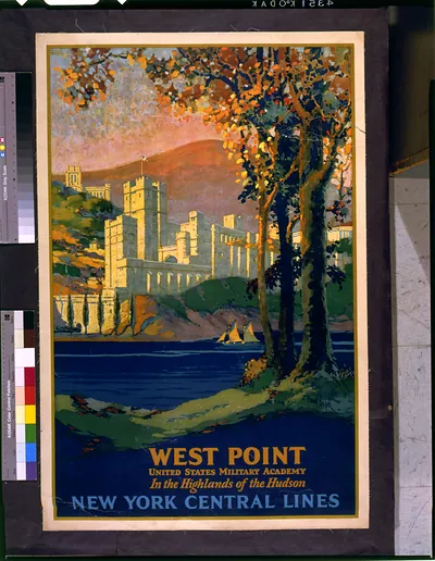 West Point, United States Military Academy, in the highlands of the Hudson. New York Central Lines / Frank Hazell.