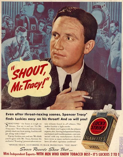 Lucky Strike cigarette advertisement featuring Spencer Tracy, "Shout, Mr. Tracy!