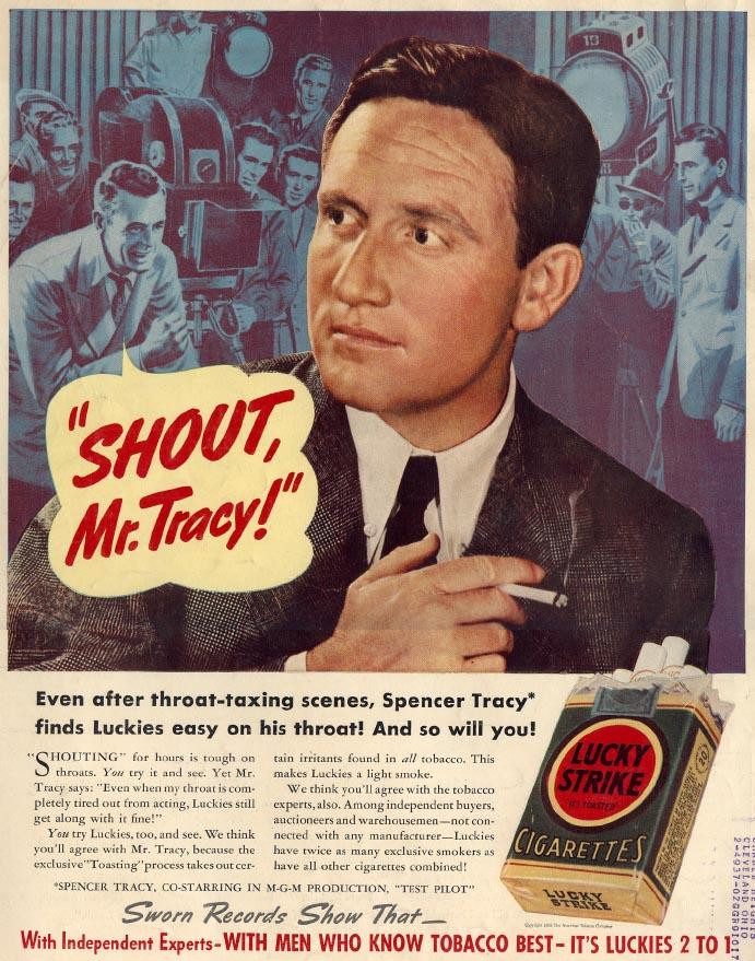 Lucky Strike cigarette advertisement featuring Spencer Tracy, "Shout, Mr. Tracy! — historic image