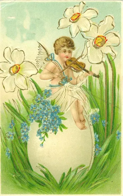 Cherub playing violin on an Easter egg with daffodils