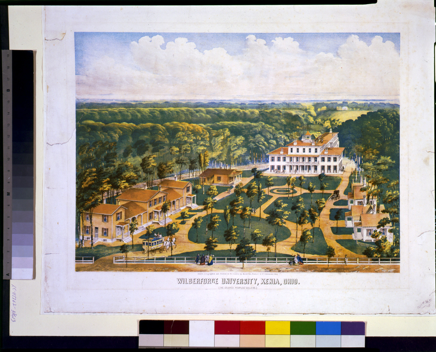 Wilberforce University, Xenia, Ohio. (The colored peoples college.) / drawn, lithographed and printed in oil colors by Middleton Wallace & Co., Cincinnati, Ohio : Middleton, Wallace & Co., [1850-1860] — antique lithograph