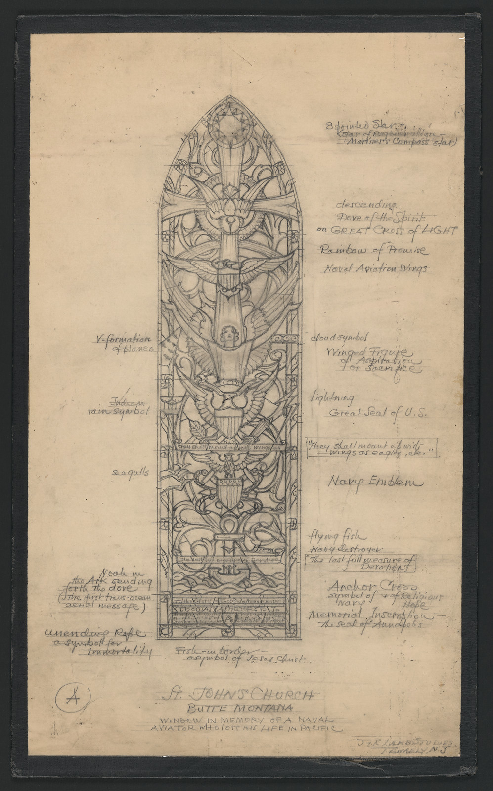 Design drawing for stained glass window, St. John's Church, Butte Montana — historic drawing