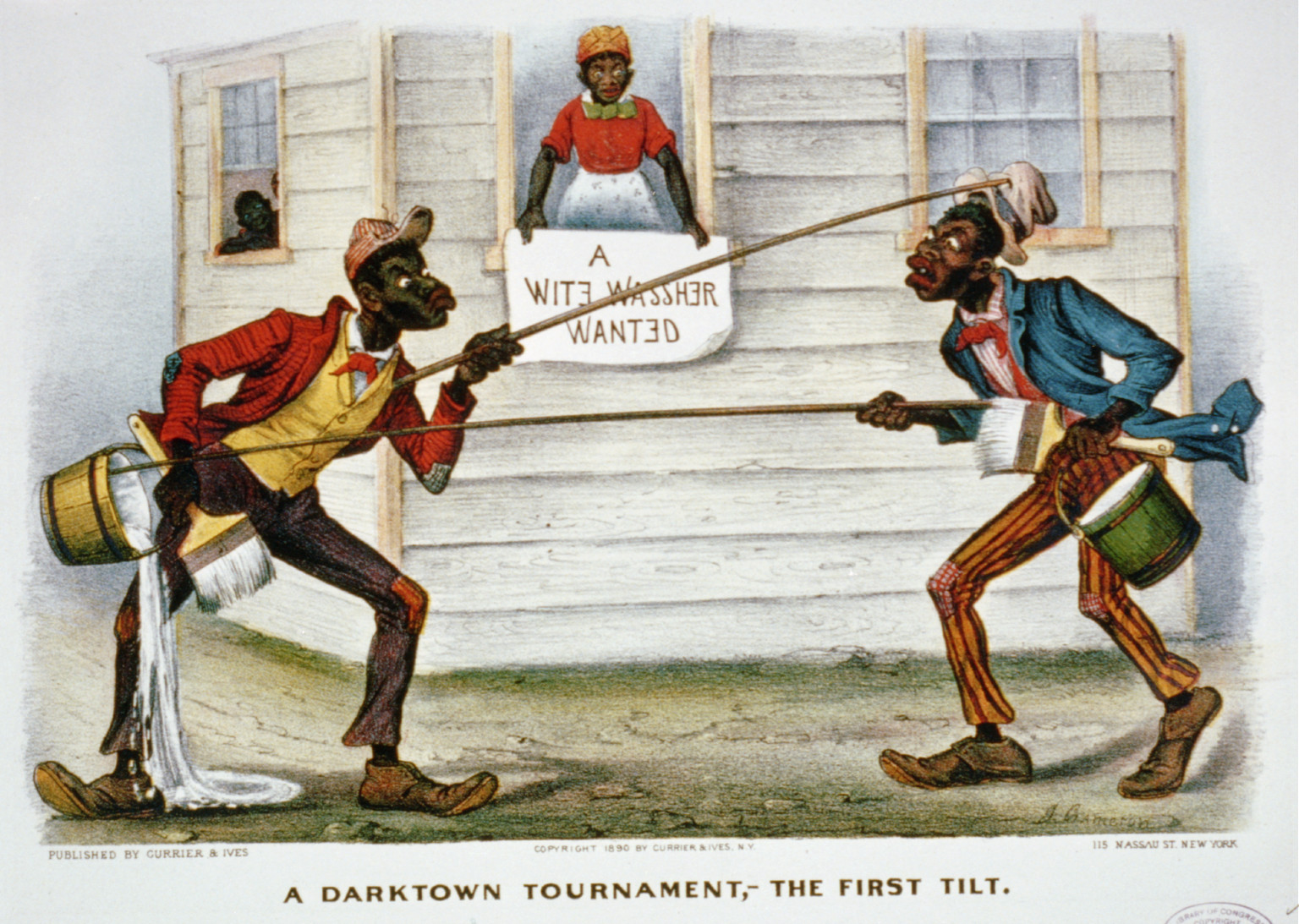 A darktown tournament, - the first tilt, [New York] : Currier & Ives, 1890. — antique lithograph
