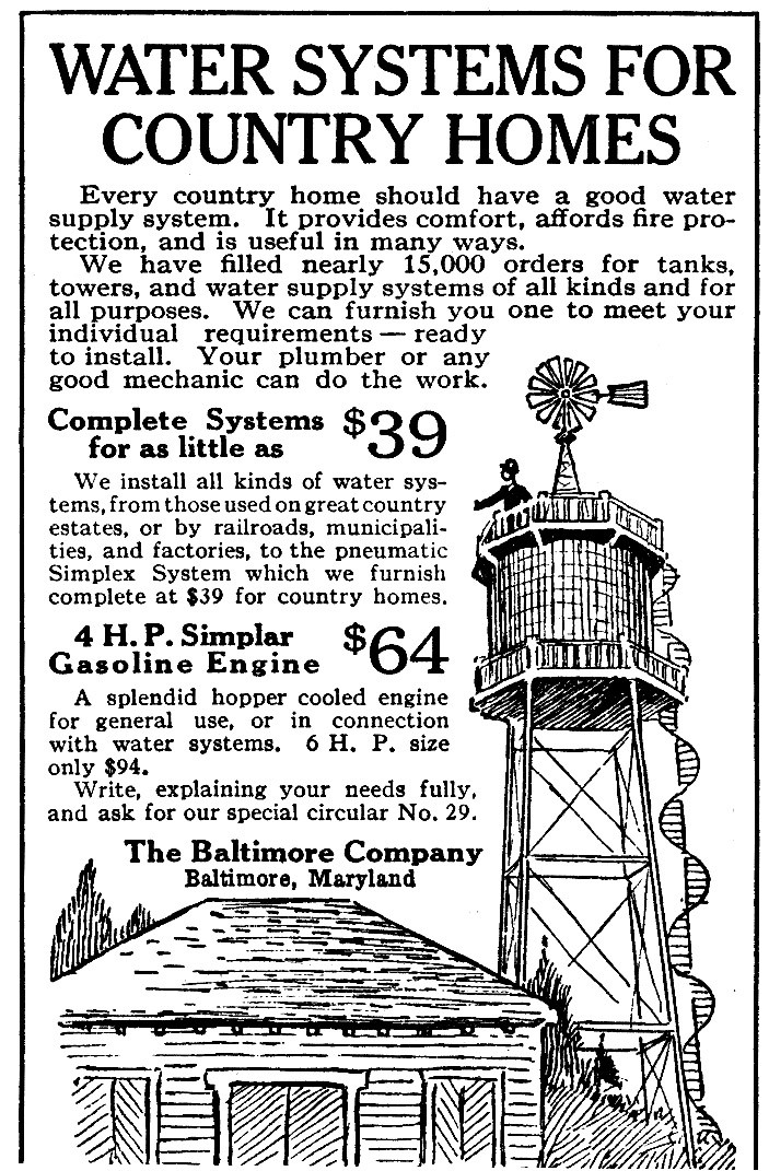 Water Systems for Country Homes advertisement, The Baltimore Company — historic image