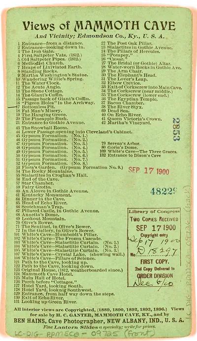 Views of Mammoth Cave and Vicinity printed list card