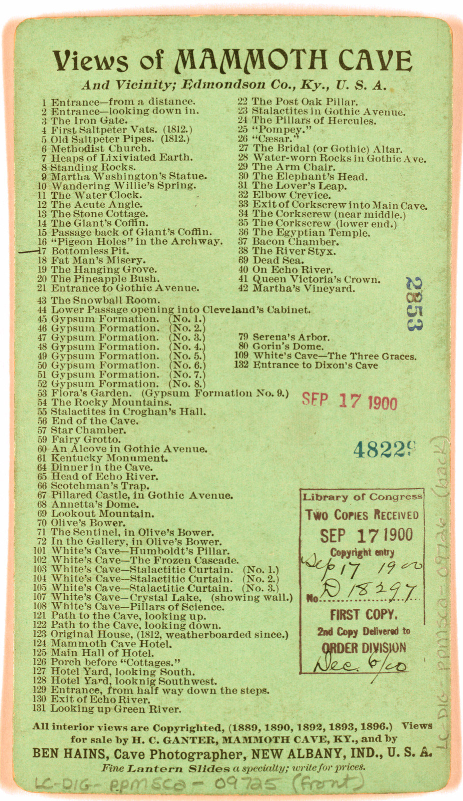 Views of Mammoth Cave and Vicinity printed list card — historic print