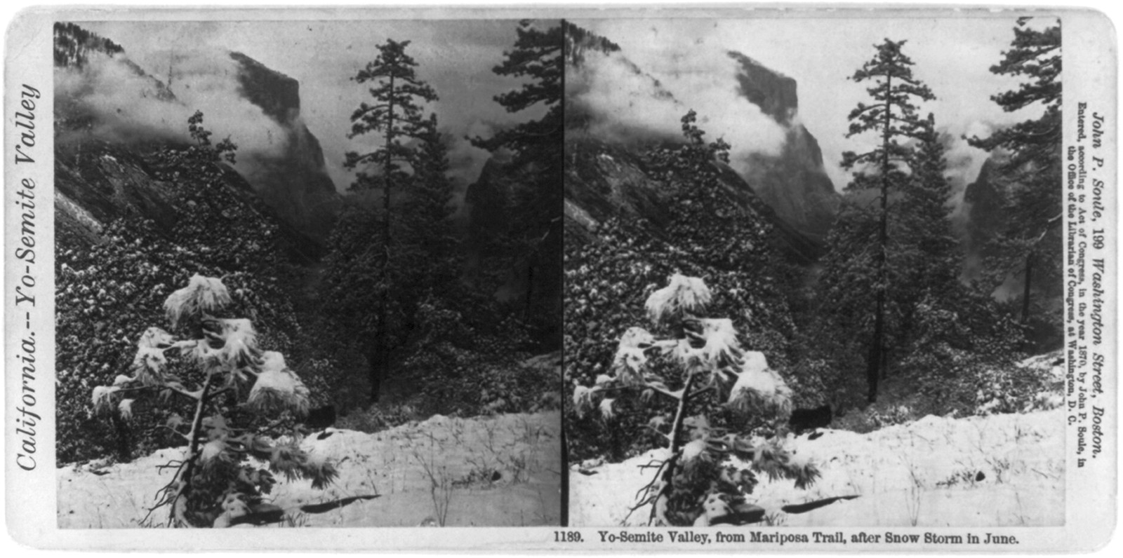 Yo-Semite Valley from Mariposa Trail after snow storm in June, 1870 — historic photograph