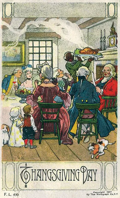 Thanksgiving Day color postcard, family dinner scene, 1907