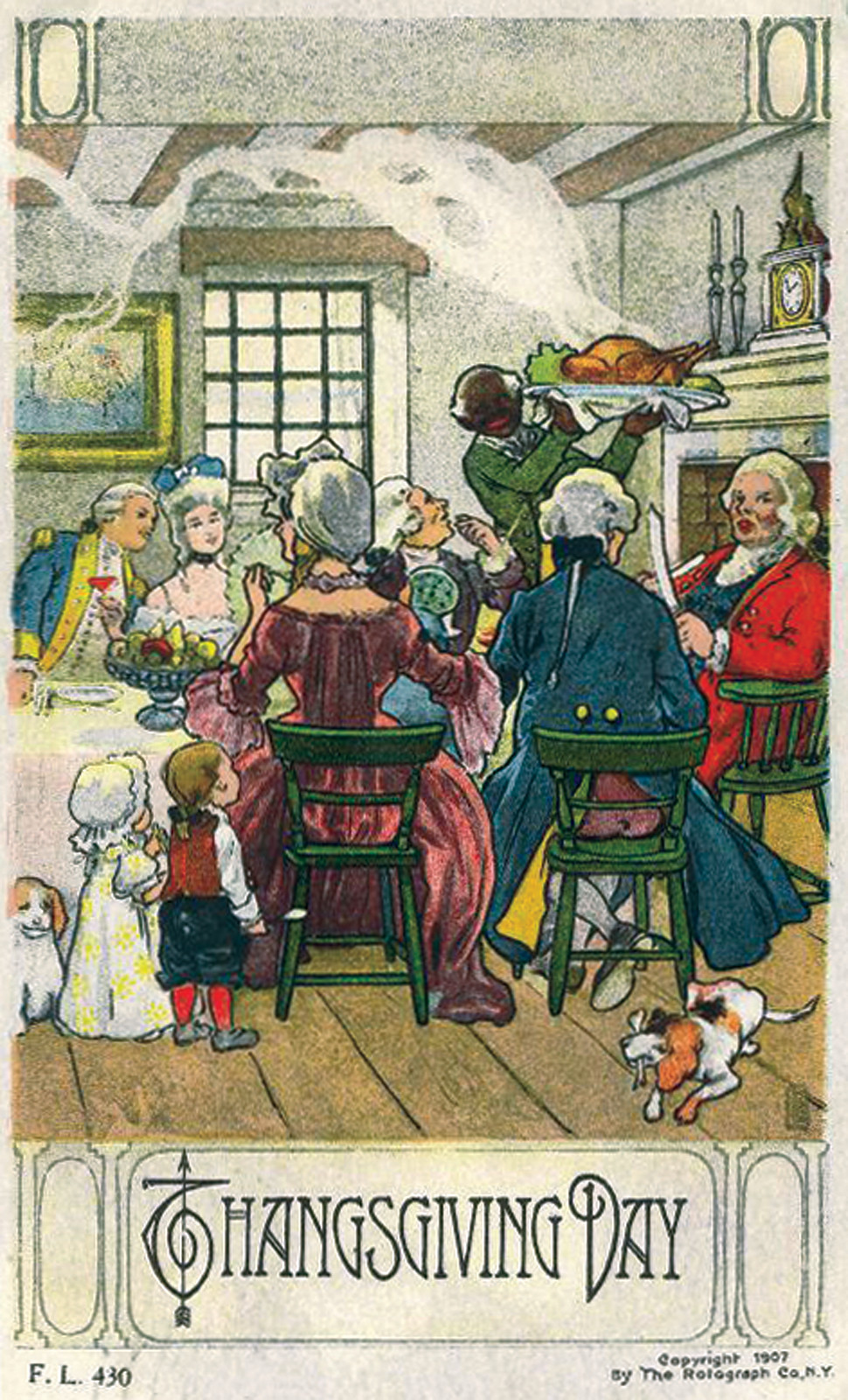 Thanksgiving Day color postcard, family dinner scene, 1907 — vintage postcard