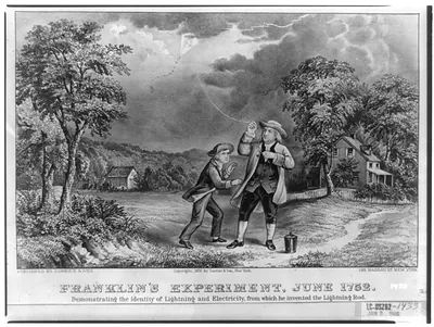 Franklin's experiment, June 1752: Demonstrating the identity of lightning and electricty, from which he invented the lightning rod
