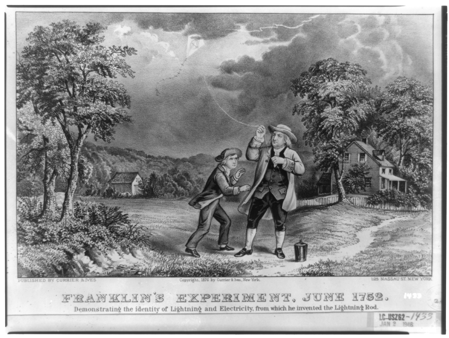 Franklin's experiment, June 1752: Demonstrating the identity of lightning and electricty, from which he invented the lightning rod, New York : Published by Currier & Ives, c1876. — antique lithograph