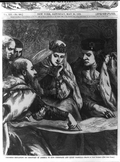 Columbus explaining his discovery to King Ferdinand and Queen Isabella / drawn by John Gilbert.
