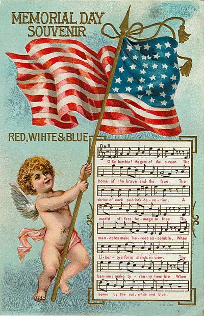 Memorial Day Souvenir postcard with cherub, flag and song sheet
