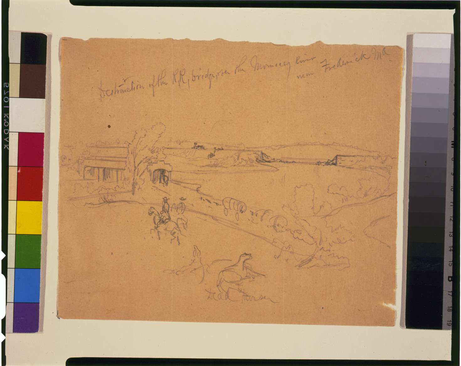 Destruction of the R.R. bridge, over the Monocacy River near Frederick, Md., [1864 July 9] — historic drawing
