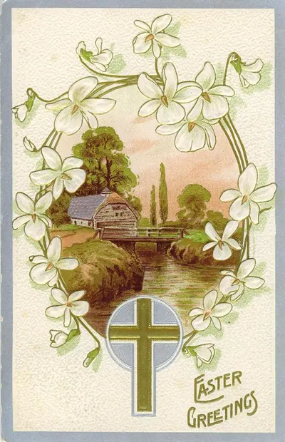 Easter Greetings postcard with lilies, cottage and gold cross