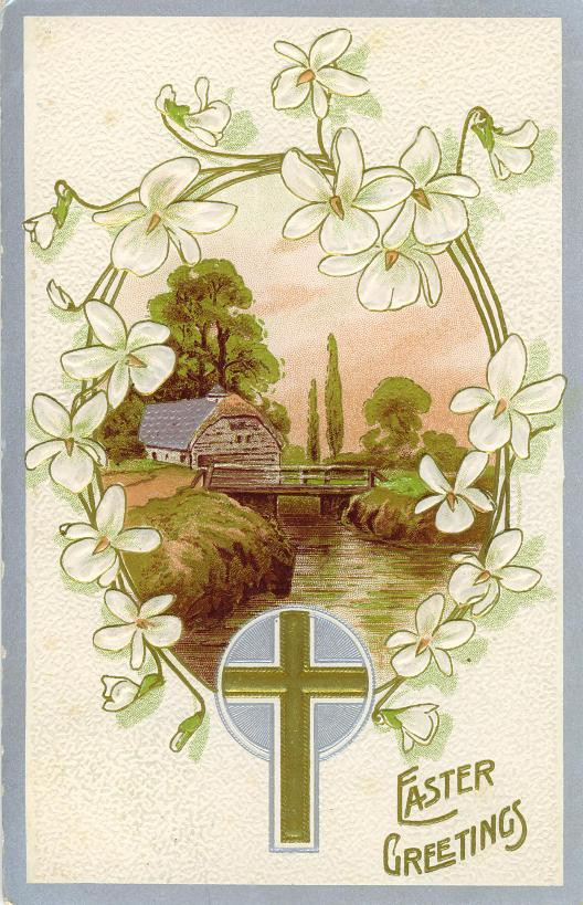 Easter Greetings postcard with lilies, cottage and gold cross — vintage postcard