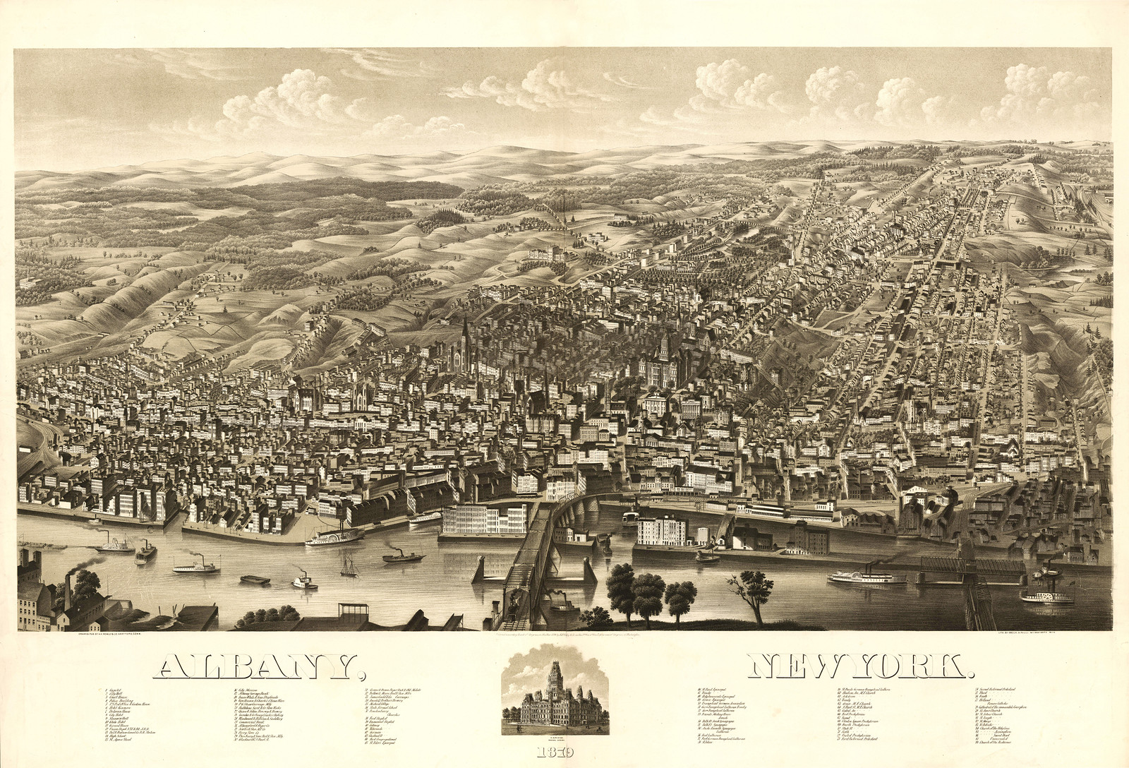 Bird's-eye panoramic view of Albany, New York, 1879 — antique map