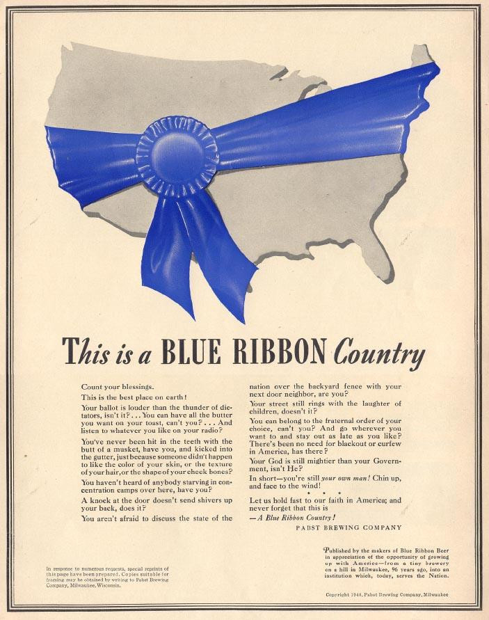 Pabst Blue Ribbon advertisement: "This is a Blue Ribbon Country — historic image