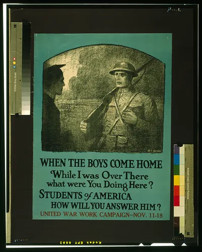 When the boys come home While I was over there what were you doing here? Students of America how will you answer him? United War Work Campaign - Nov. 11-18 / W. T. Benda.