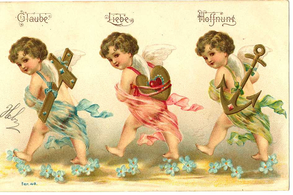 Three cherubs carrying cross, heart and anchor, Glaube Liebe Hoffnung — historic image