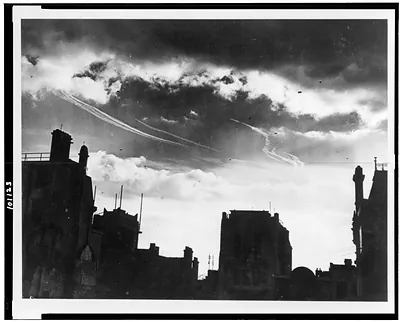 Blitzkrieg sky-writing. Sky-writing that spells a deadly message above London are the white streaks left by speeding aircraft