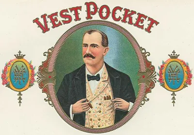 Vest Pocket cigar label with mustached gentleman portrait