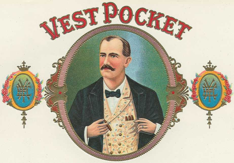 Vest Pocket cigar label with mustached gentleman portrait — historic image
