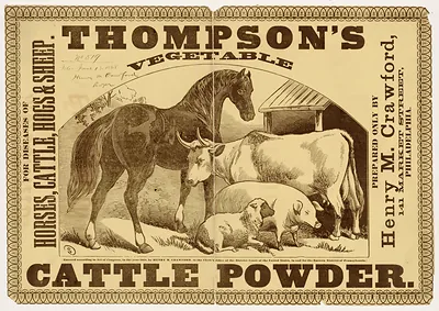 Thompson's Vegetable Cattle Powder advertising label with livestock