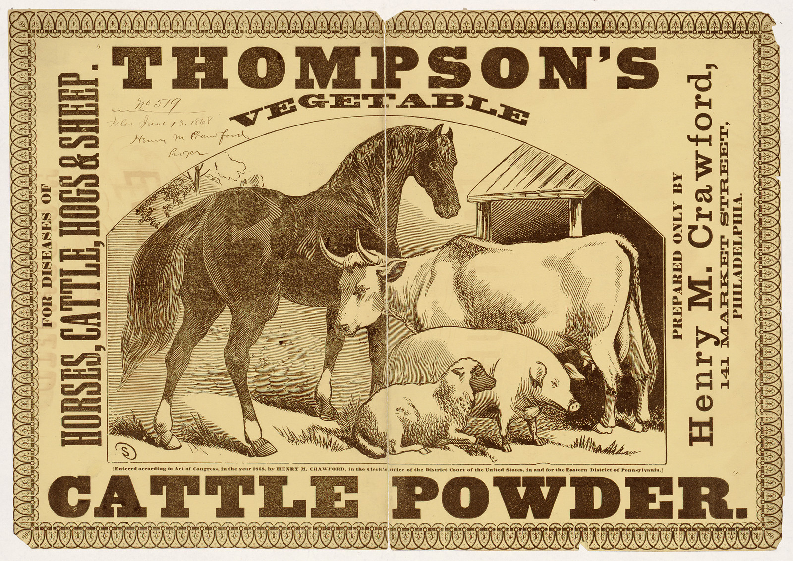 Thompson's Vegetable Cattle Powder advertising label with livestock — historic image