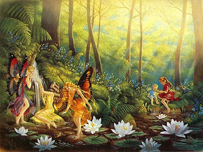 Fairies by a woodland pool with children and water lilies