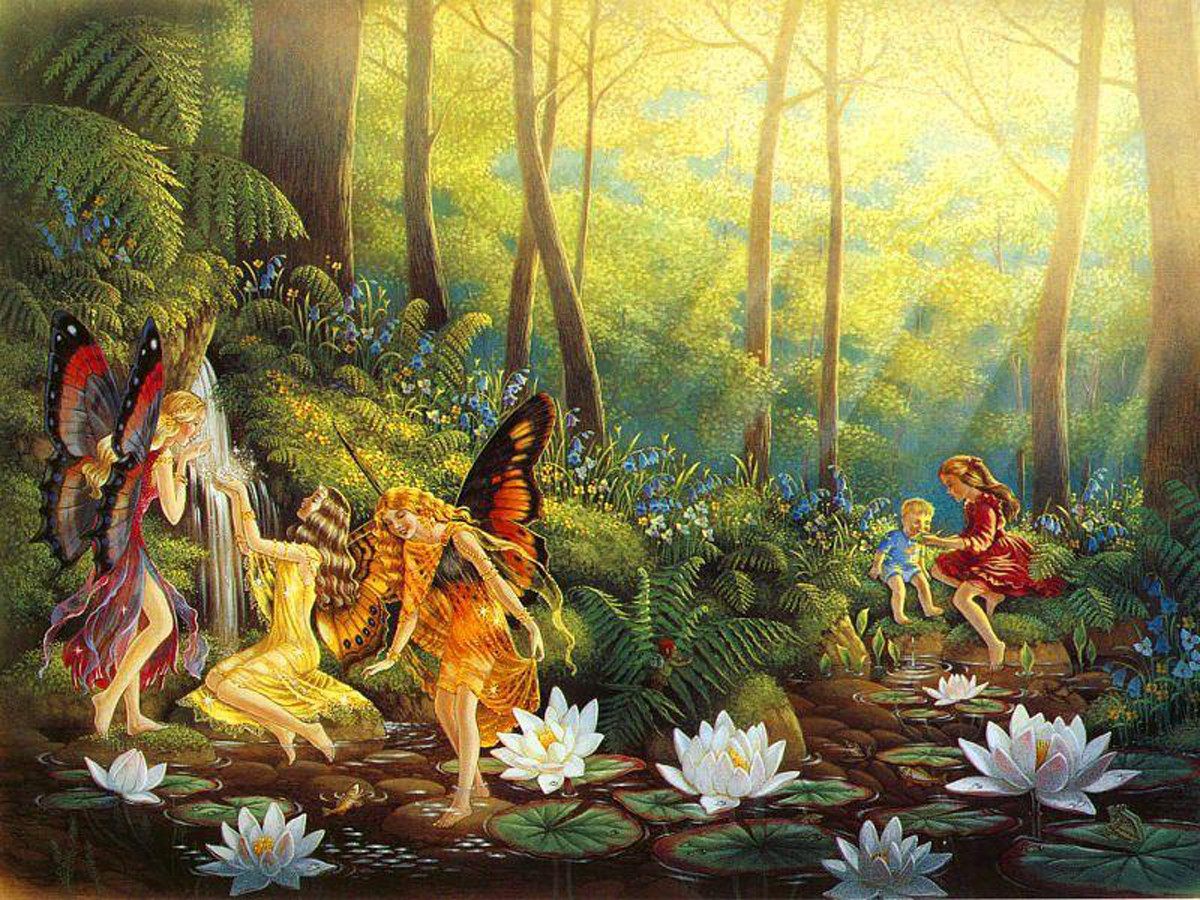 Fairies by a woodland pool with children and water lilies — historic image