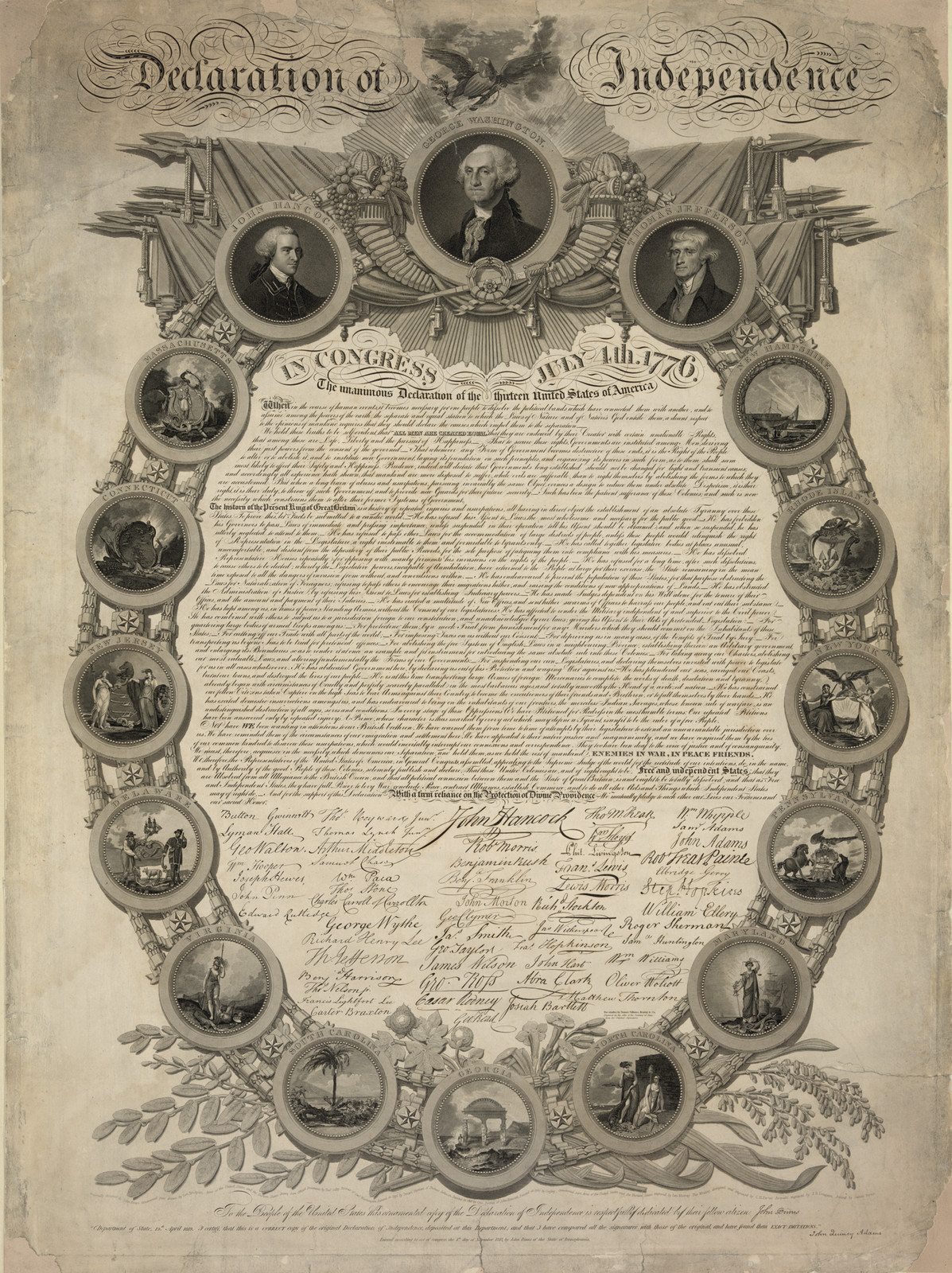 Declaration of Independence engraved broadside with portrait medallions — historic image