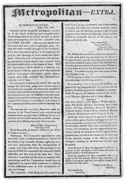 Metropolitan - Extra Broadside Publication Following the Deaths of John Adams and Thomas Jefferson on 4 July 1826