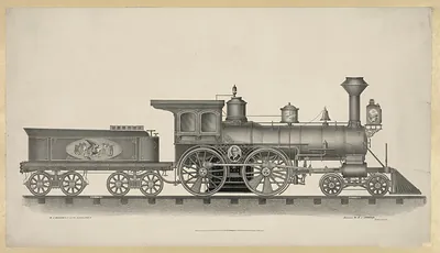 Lithograph of a 4-4-0 steam locomotive with eagle emblem tender