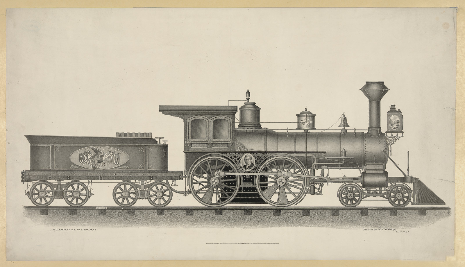 Lithograph of a 4-4-0 steam locomotive with eagle emblem tender — antique lithograph