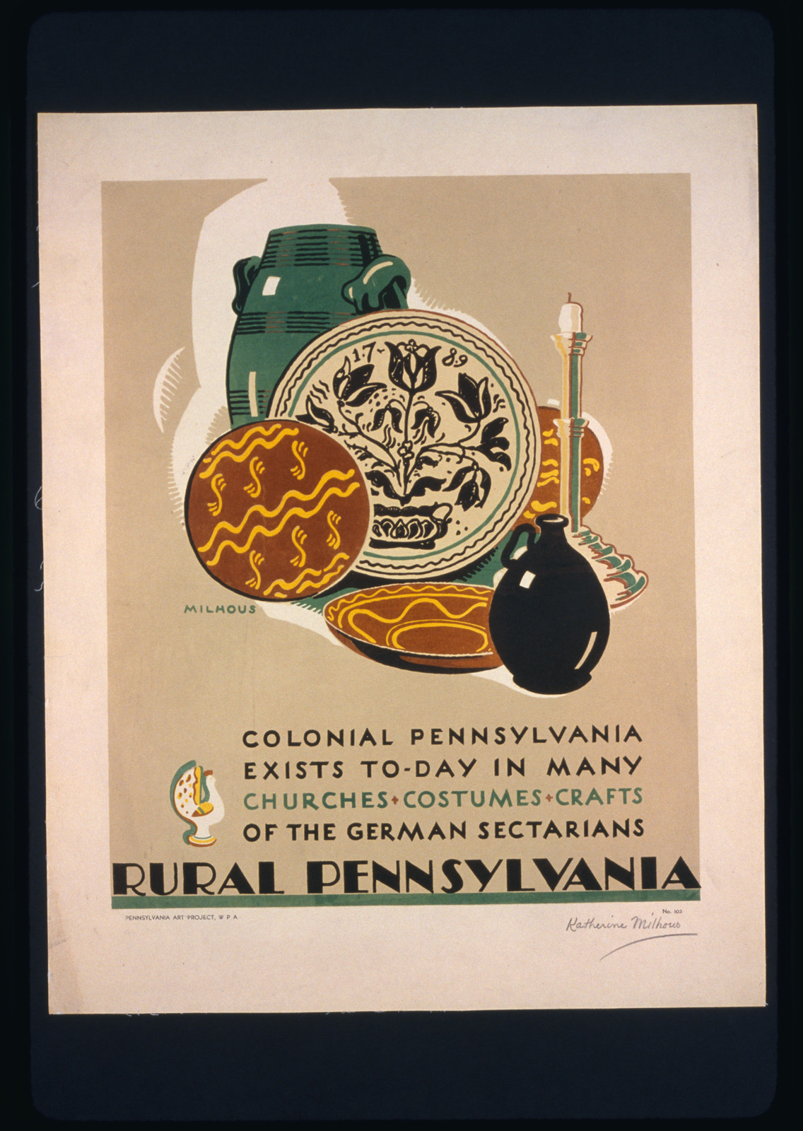 Rural Pennsylvania Colonial Pennsylvania exists to-day in many churches costumes craf, 1936 — vintage poster