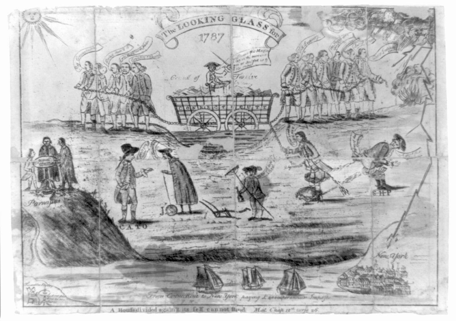 The looking glass for 1787. A house divided against itself cannot stand. Mat. chap. 13th verse 26, [New Haven] : 1787. — antique engraving