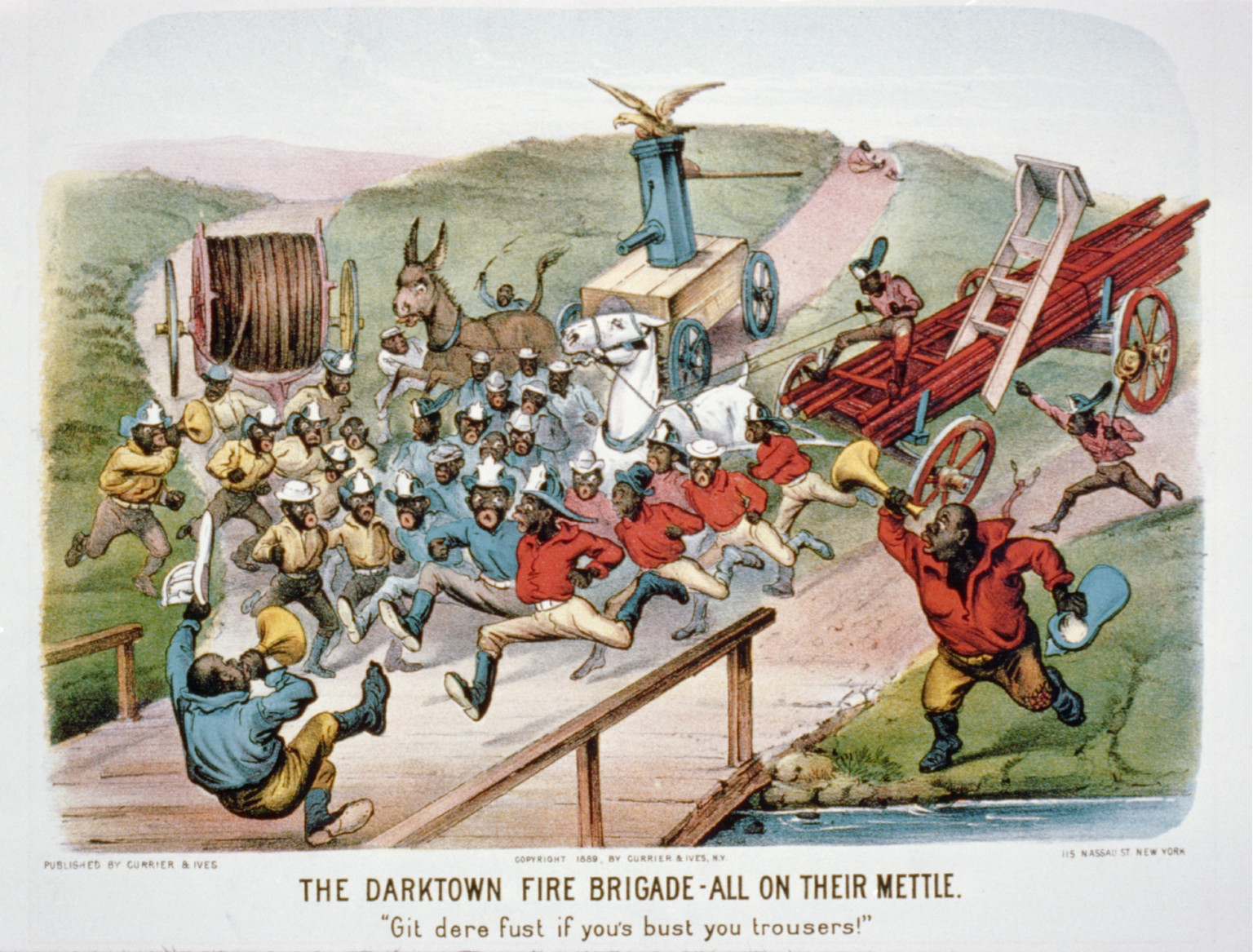 The darktown fire brigade-all on their mettle: Git dere fust if you's bust you trousers!"", [New York] : Currier & Ives, 1889 — antique lithograph