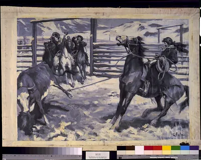 Cowboys roping a steer beside a corral