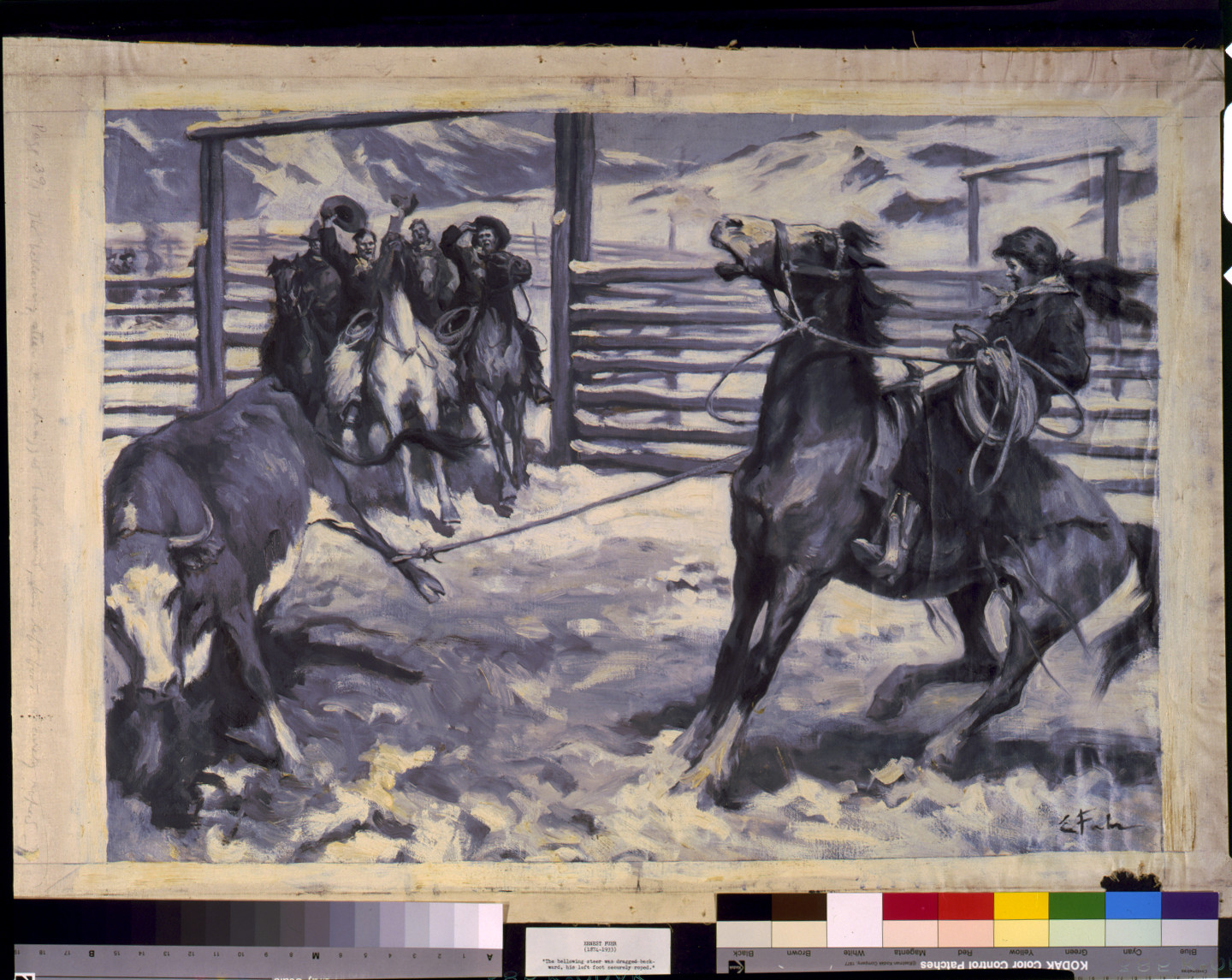 Cowboys roping a steer beside a corral — historic image