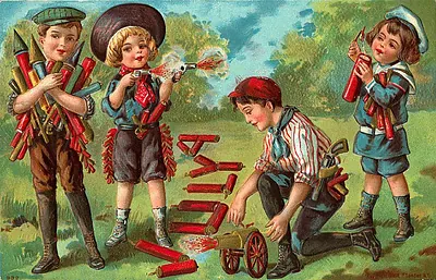 Children playing with firecrackers and a toy cannon, vintage postcard