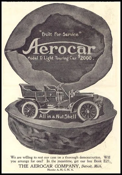 Aerocar Model D touring car advertisement, All in a Nut Shell