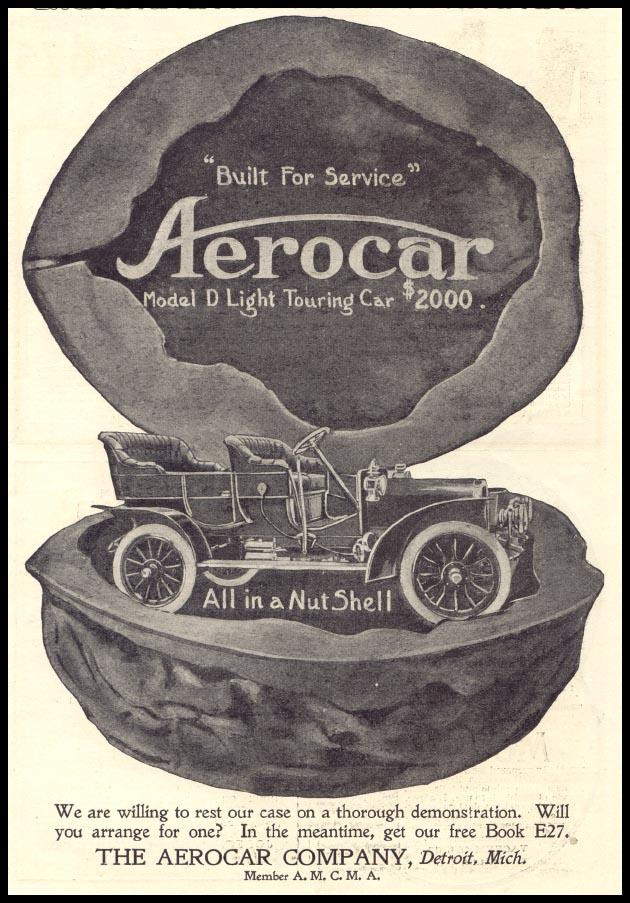 Aerocar Model D touring car advertisement, All in a Nut Shell — historic image