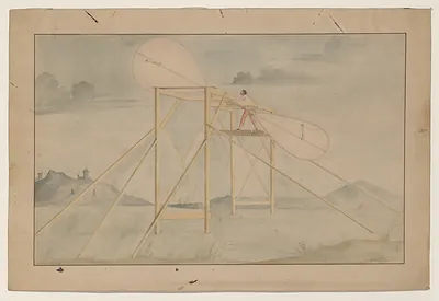 Watercolour of a wooden frame machine with large blades