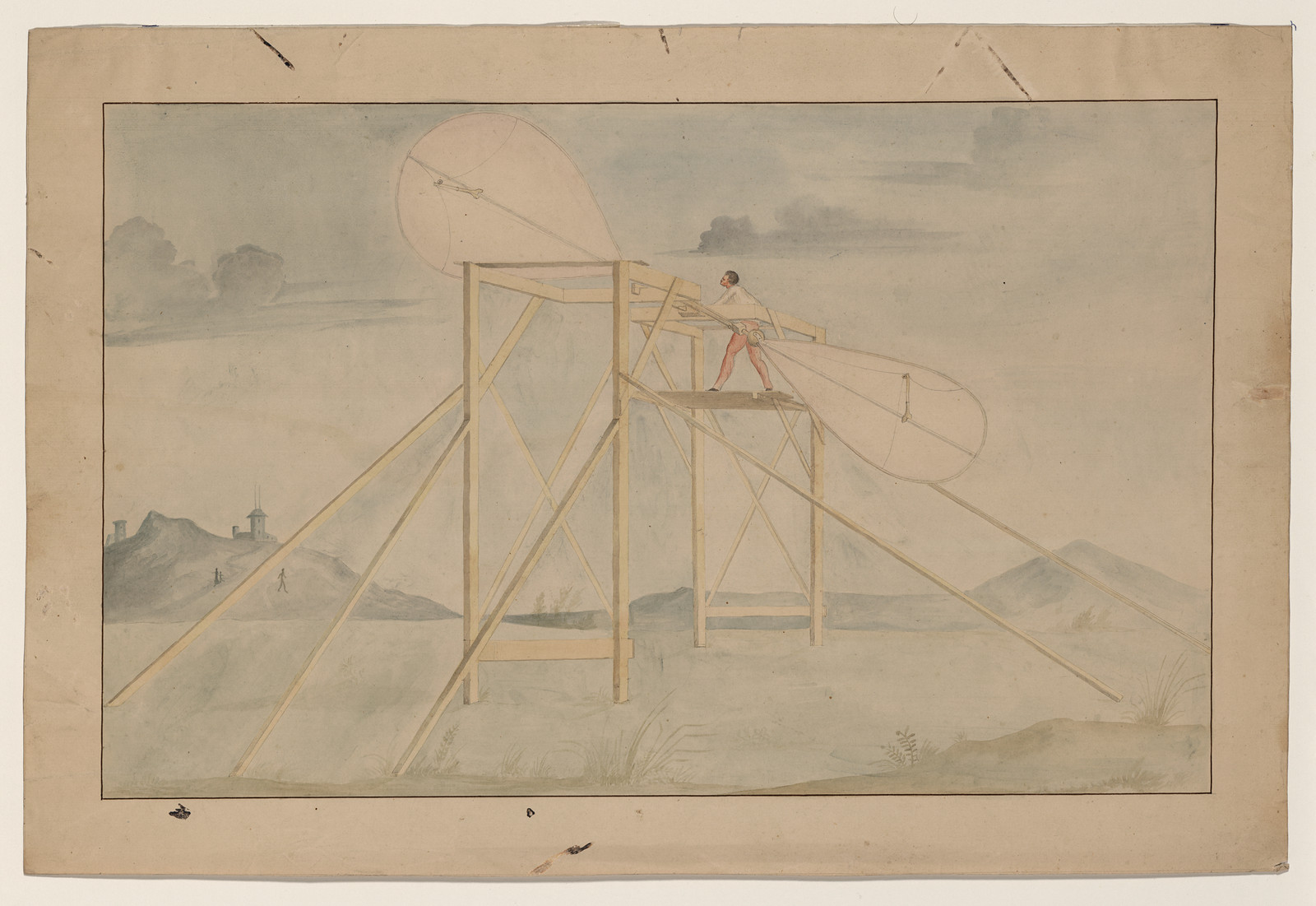 Watercolour of a wooden frame machine with large blades — historic image