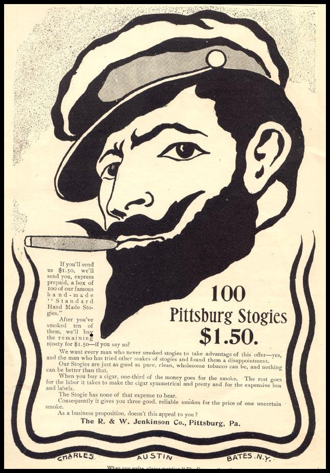 Pittsburg Stogies advertisement: 100 for $1.50 — historic image
