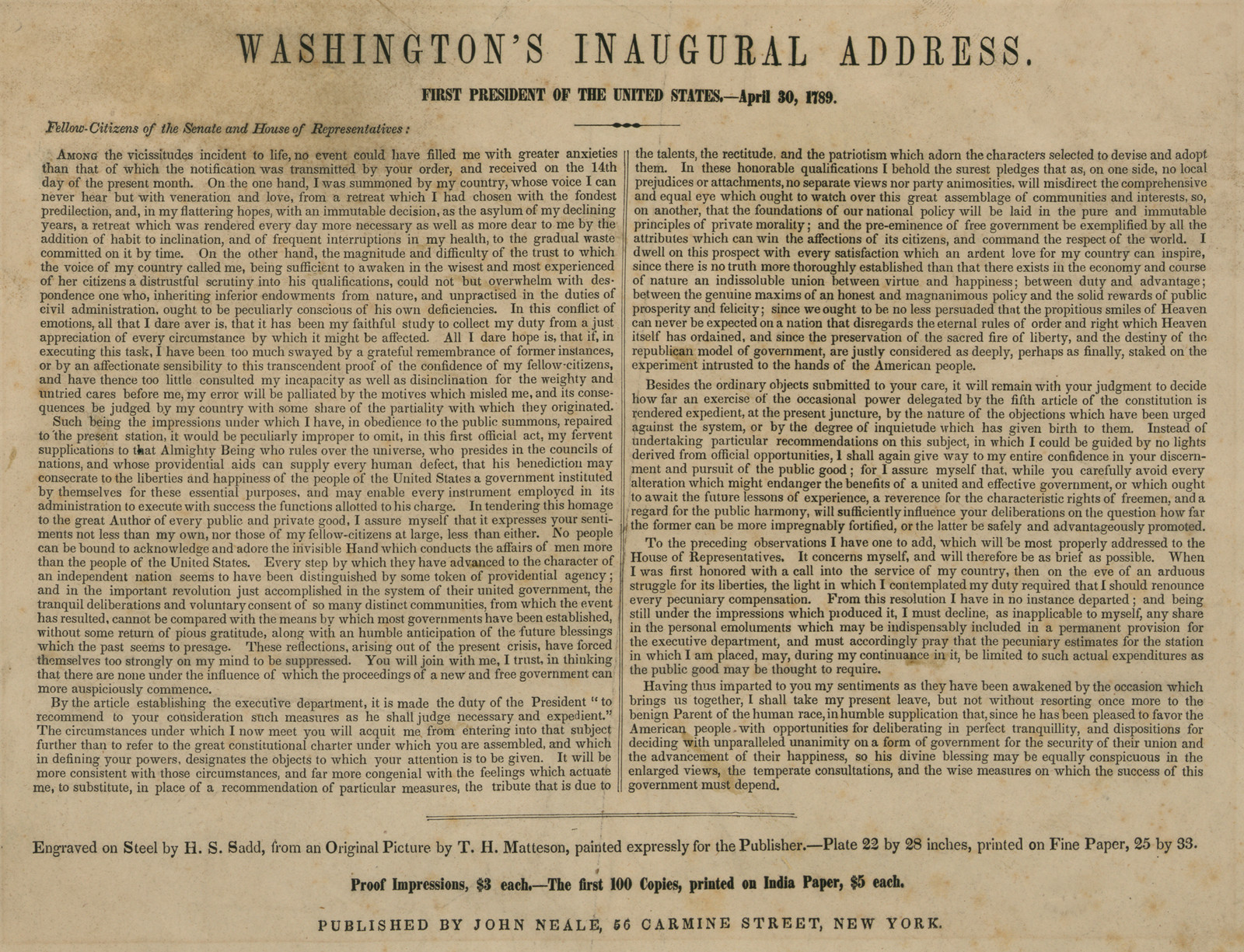 Washington's First Inaugural Address, April 30, 1789 (printed text page) — historic print