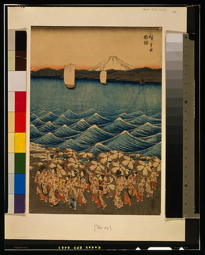 [Soshu Enoshima Benzaiten kaicho sankei gunshu no zu]TITLE TRANSLATION:Women pilgrims visiting Enoshima shrine to worship an image of Benzaiten the Goddess of Good Fortune.