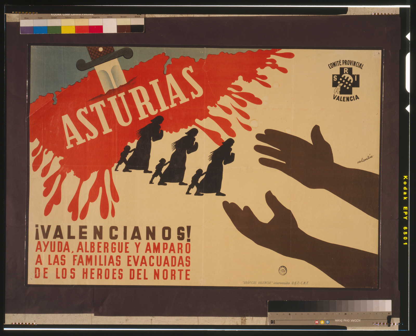 Asturias! -- Valencianos! Ayuda, albergue y amparo a las familias evacuadas de los heroes del norte, Valencia : Socorro Rojo Internacional, Comité Provincial Valencia, [between 1936 and 1939] — vintage poster