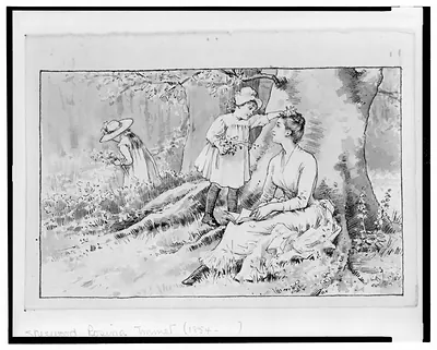 Two girls under big tree with mother